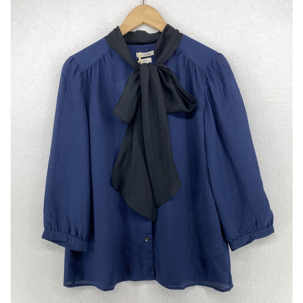 LL BEAN Blouse Womens 12 Signature Silk Textured Bow Tie Neck Button Up Blue NEW